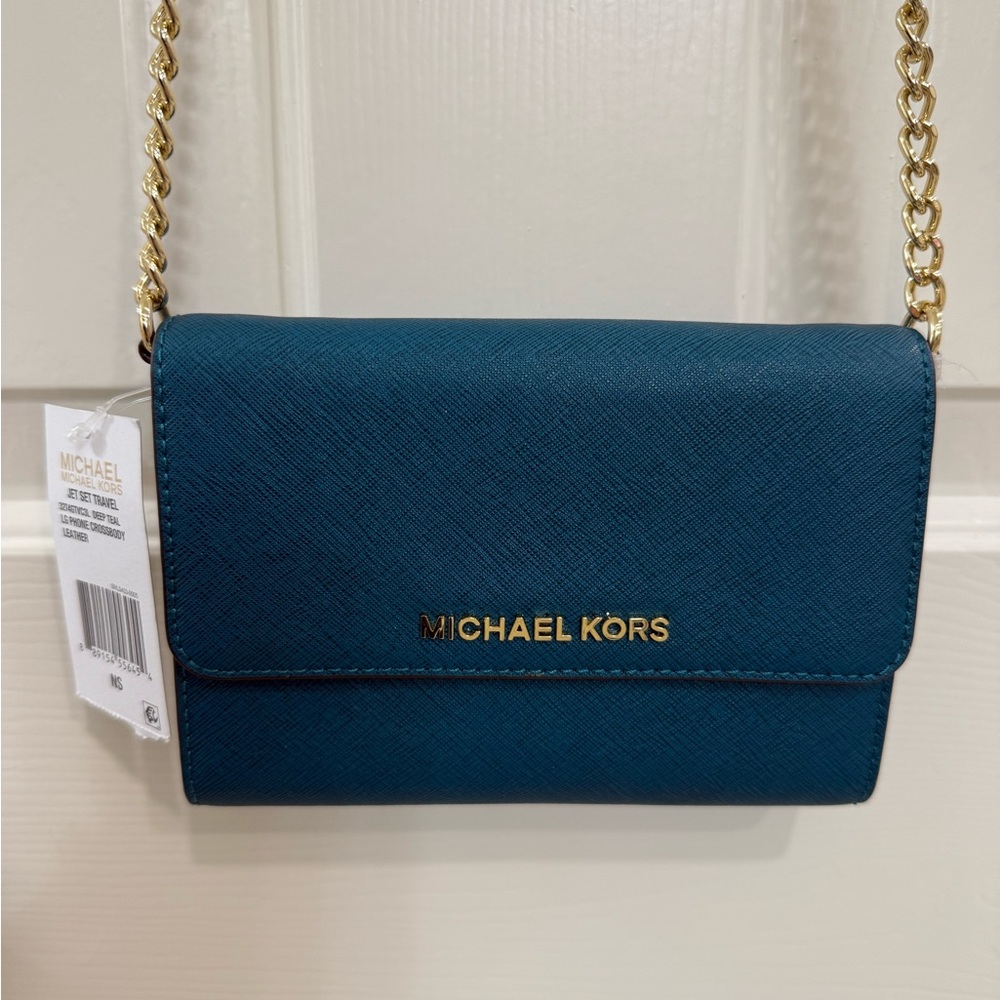 Michael Kors Jet Set Travel LG Phone Crossbody Leather Bag- Deep Teal